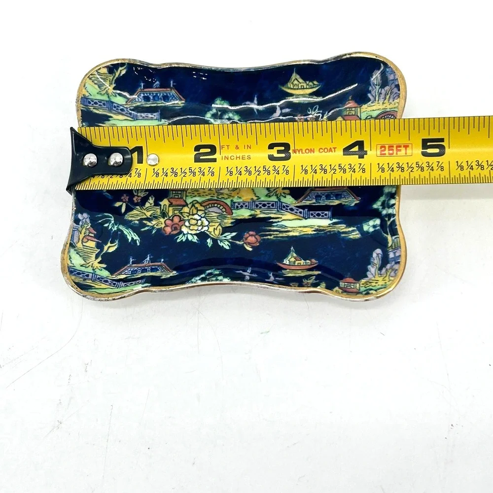 Royal Winton Staffordshire Chinoiserie Pin Tray Trinket Dish Blue Pagoda GoldRim